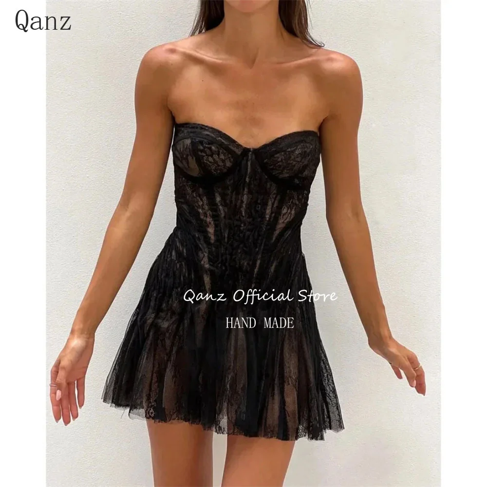 

Qanz Black Mini Lace Prom Dresses Sweetheat Sexy Short Abve Knee Vestidos De Gala Sleeveless Bespoke Occasion Dresses Customized
