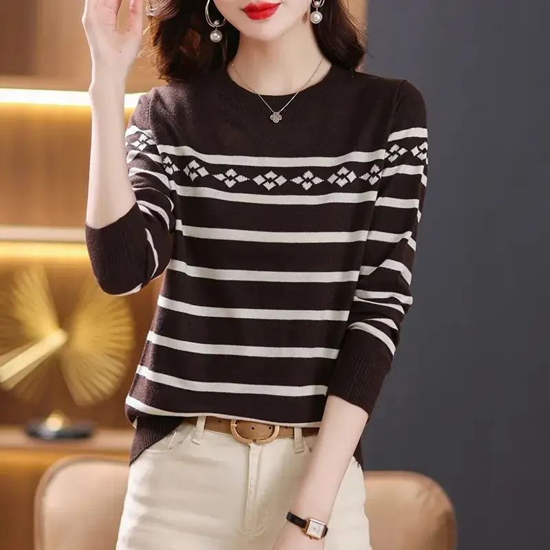 Women\'s Clothing Sweater Knitted Pullover Long Sleeve Screw Thread Round Neck Contrast Color Autumn Winter All-match Tops