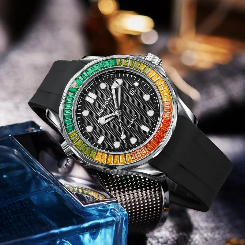 New rainbow diamond calendar men\'s watch Business leisure endurance sports wristwatch Green large dial luminous waterproof clock