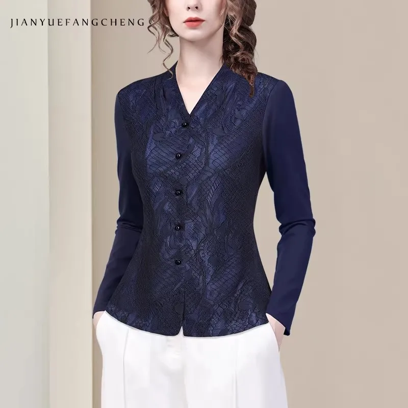 

Women' V neck Long Sleeve Blue Lace Shirts 2025 Fall New Vintage Style Slim Fit Button-down Top Working Casual Blouses
