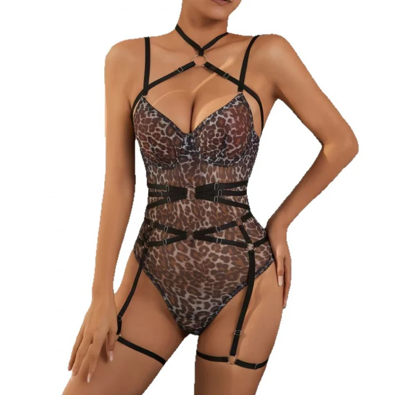 섹시 란제리 레오파드 프린트 슬림 바디수트 플러팅 본디지 코르셋 세트