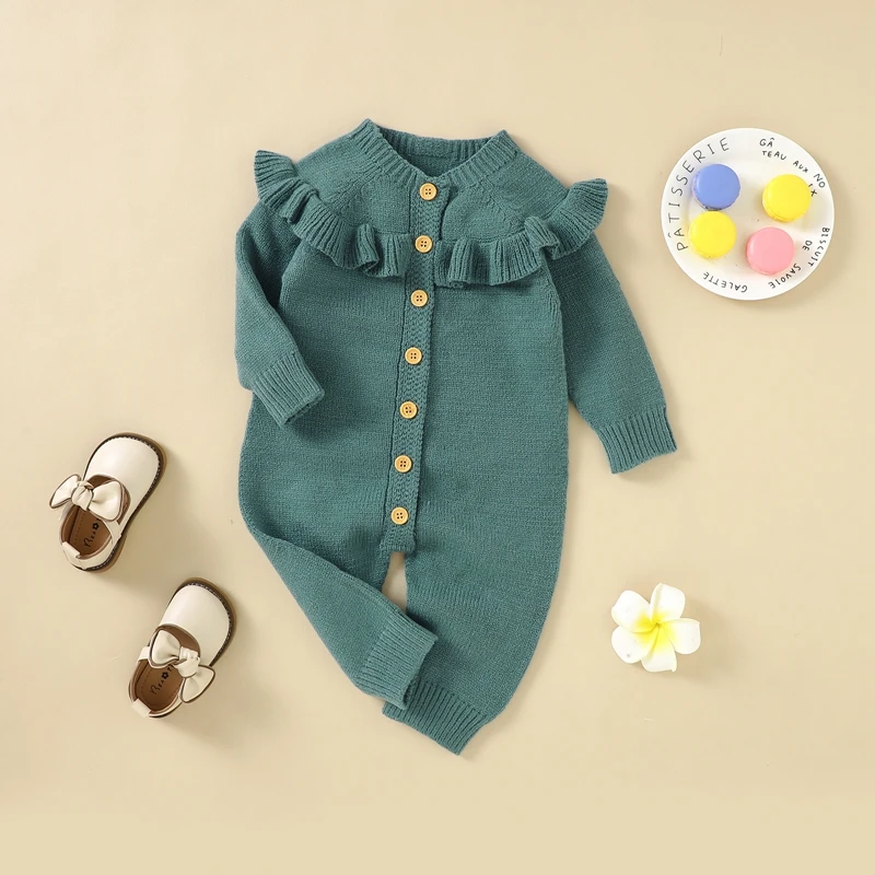 

Baby Girls Knit Sweater Romper Solid Color Ruffles Long Sleeve Jumpsuits Pants For Newborn Infant Toddler Cute Clothes