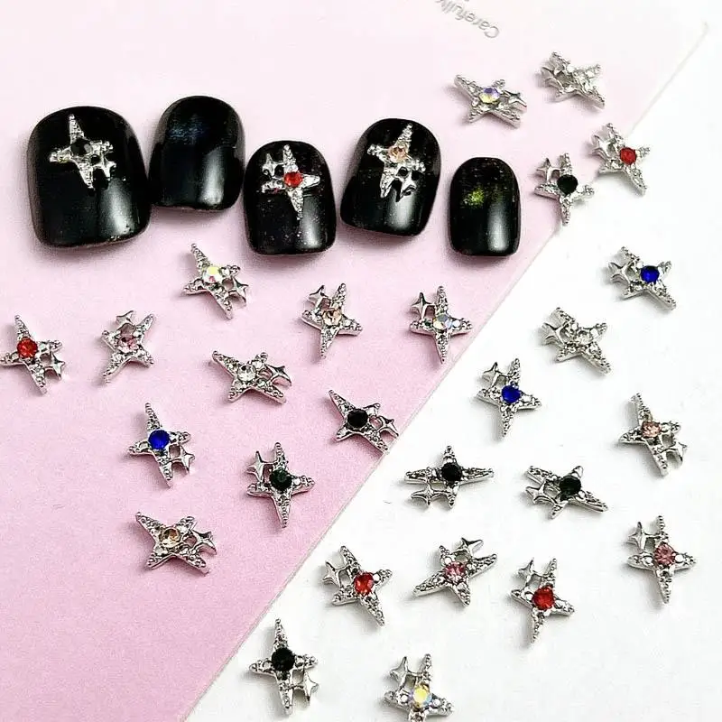 10PCS Minimalist Mini Star Alloy Nail Charms 3D Four-pointed Star Shinny Rhinestones Inlaid Nail Art Decoration DIY Manicure