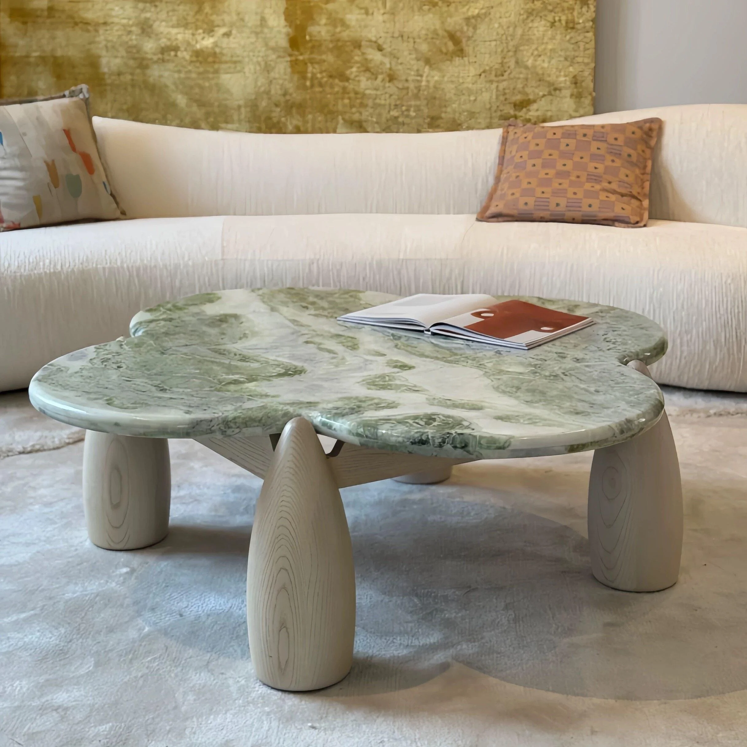 Modern simple solid wood marble coffee table designer 05 household luxury stone cream style four-leaf clover
