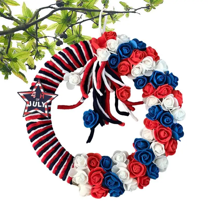 4th of July Wreath Red White and Blue Patriotic Wreath Handmade Garland Hanging Wreath for Independence Day Wall Party Decor