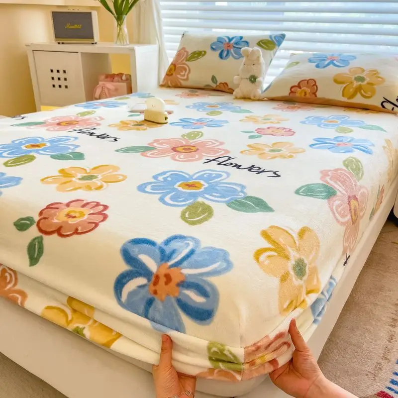 WASART Soft warm plush fitted sheet elastic mattress cover pretty butterfly printed winter fluffy coral fleece thick bed linens