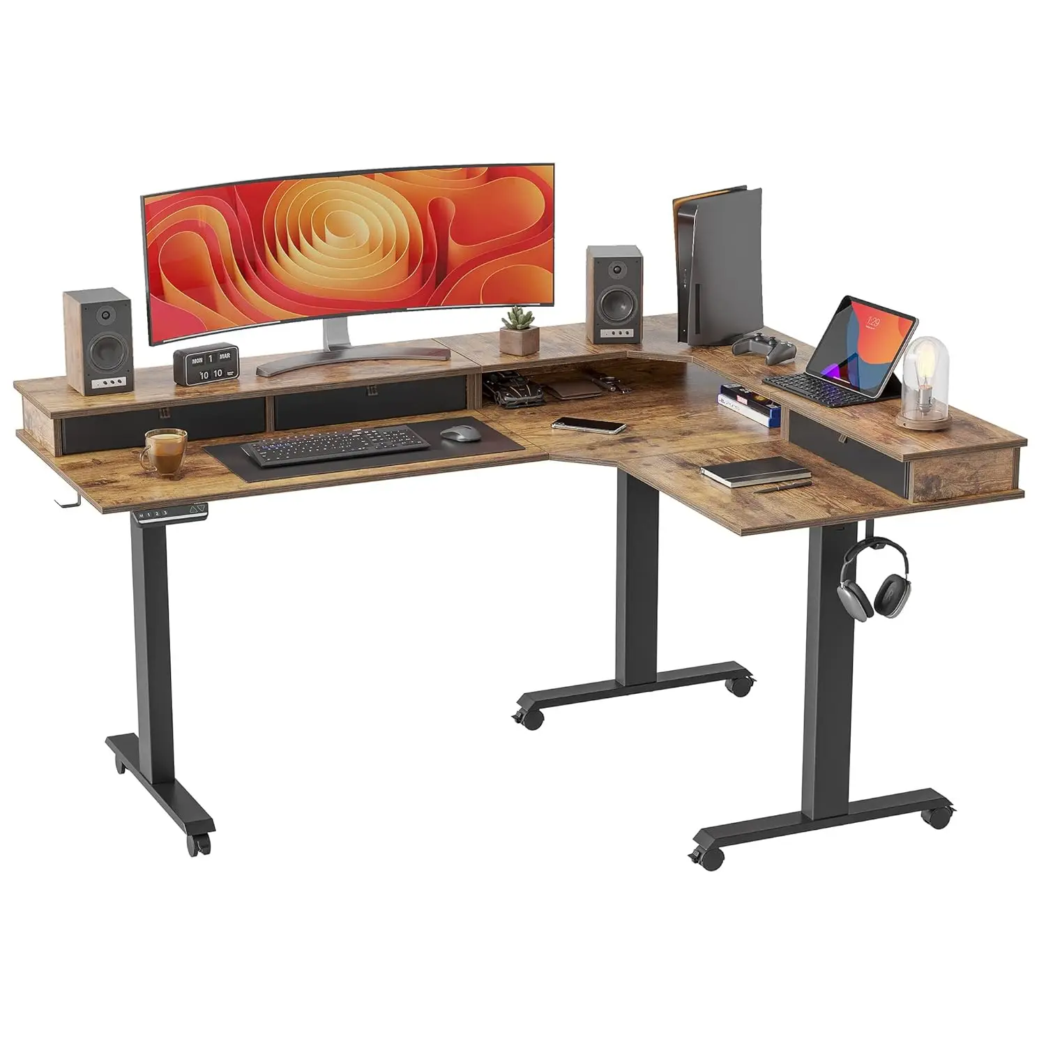 

L-Shaped Electric Height Adjustable Standing Desk with Drawers Monitor Stand 330LBS 3-Motor Support Rustic Brown, Customized