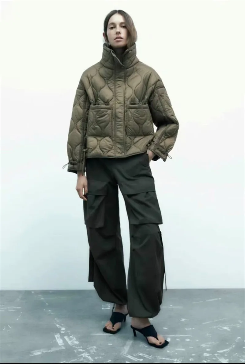 Quilted coat for women ETJ 2025 QUILTED JACKET WITH TIES new beige drawstring high neck pocket clip cotton jacket for women