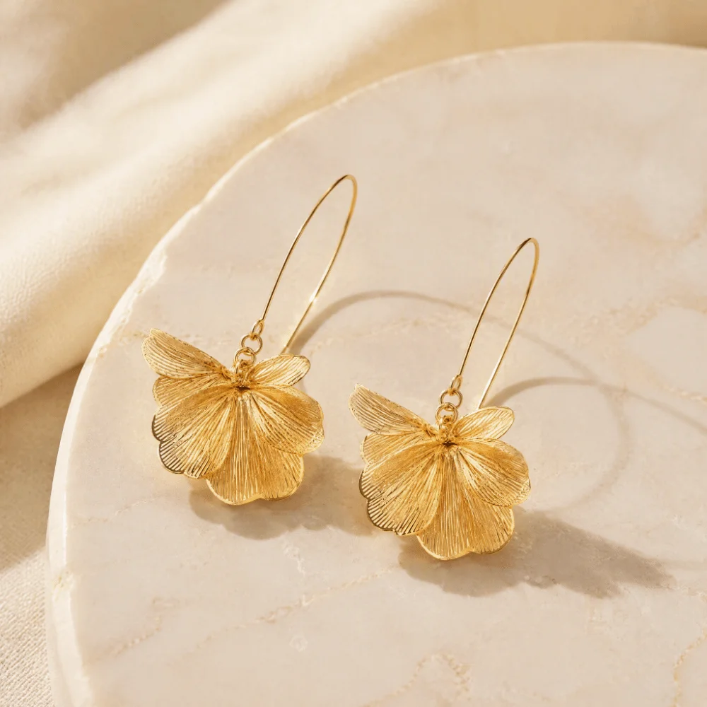 Gold Floral Dangle Earrings Layered Petal Design Vintage Flower Pendant Earrings Geometric Metal Chic Long Design Earrings Party