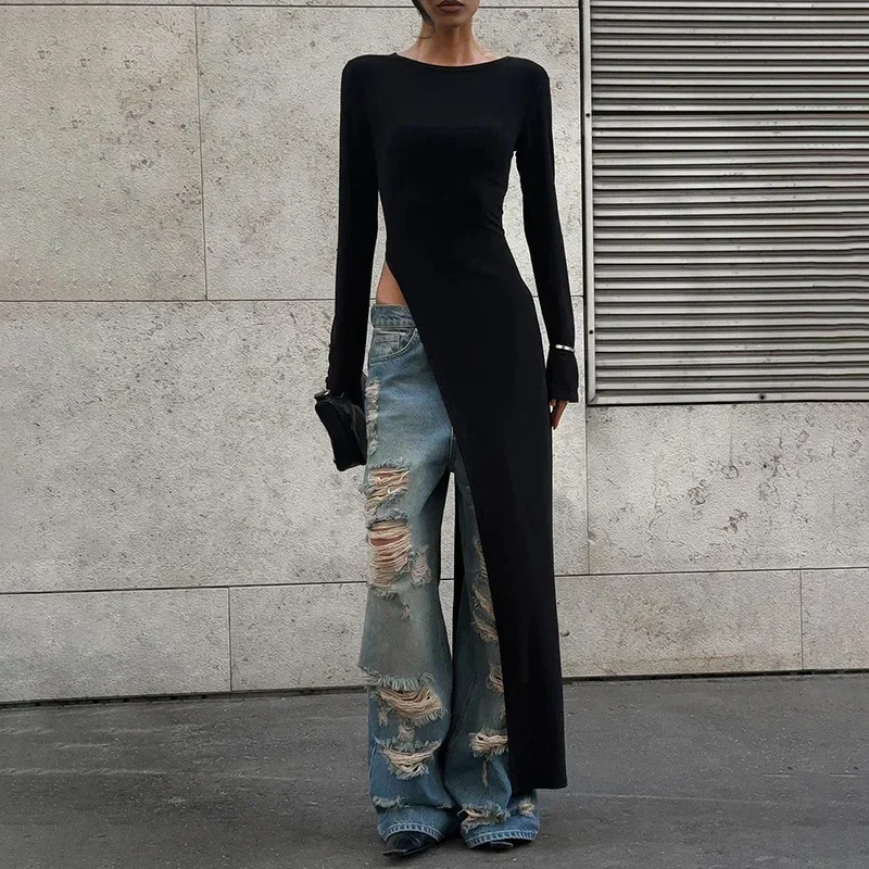 Zwarte asymmetrische maxi-jurk voor dames O-hals met lange mouwen Trendy chique top Club Party Hoge zijsplitjurken Herfst 2024