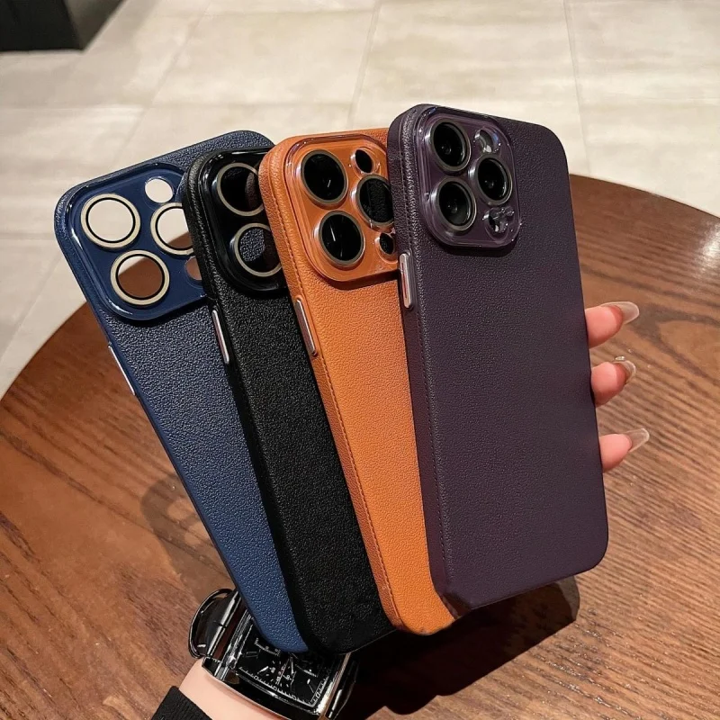 Skin-like Matte Leather Pebbled Crystal Lens All-inclusive Soft Case Suitable For Iphone15 14plus13 12pro Mobile Phone Case