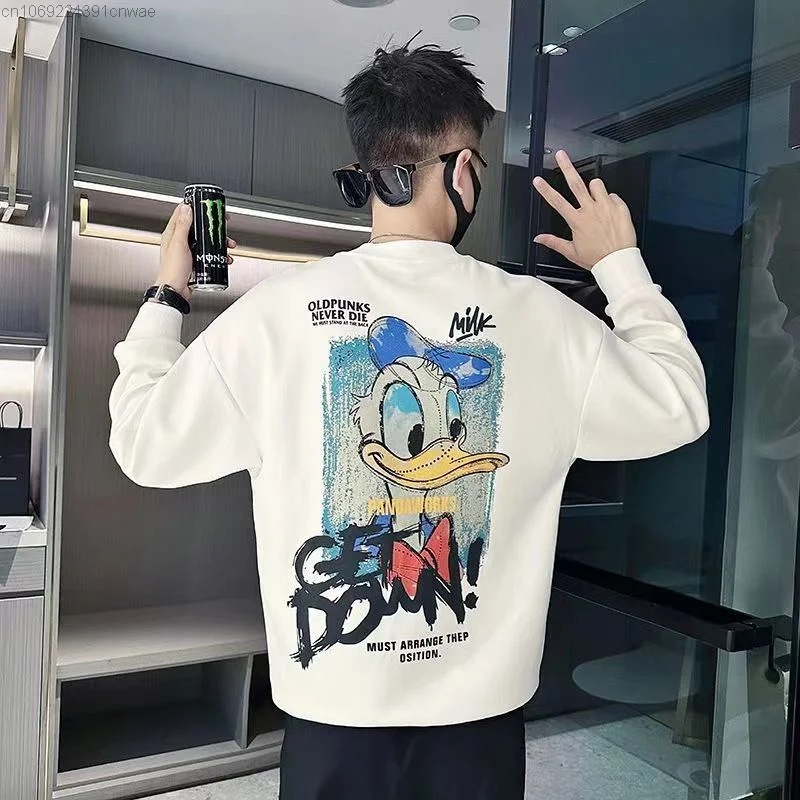 Disney Cartoon Donald Duck Printed White Hoodie For Men\'s Spring Autumn Style Long Sleeve Top Gothic Harajuku Bottom Shirt Male