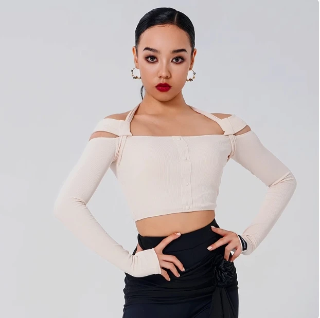 

New Latin Dance Training Clothing Women's Off Shoulder Long Sleeve Top+Sexy Slimming Pants Set Tango Samba Rumba Practice Suit