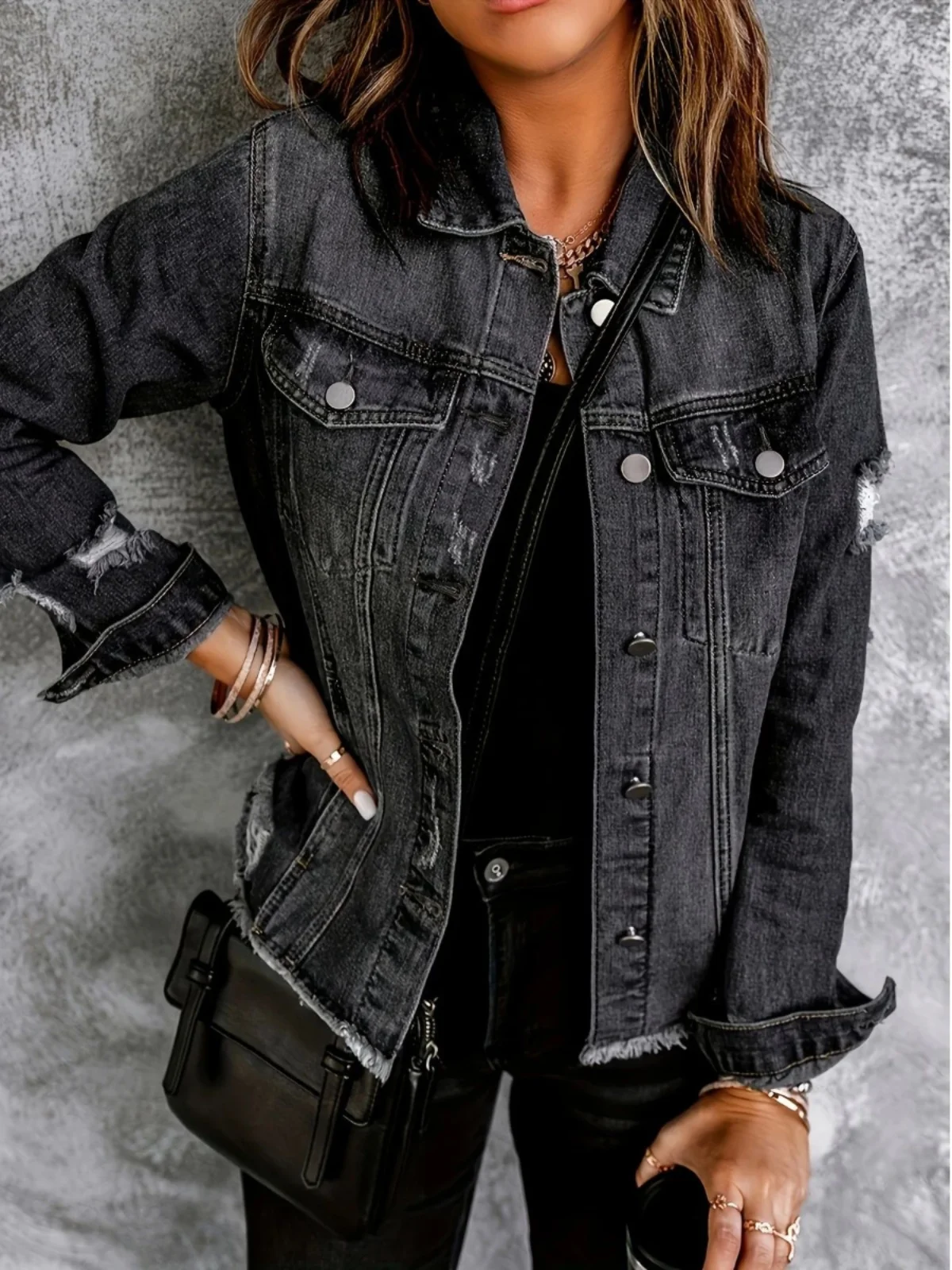 Długi płaszcz jeansowy Tagkita z dziurami, kołnierzykiem i dziurami, luźny krój, zapinany na guziki, odzież wierzchnia damska.