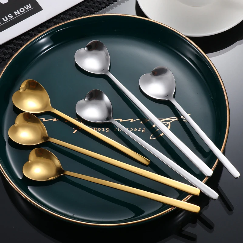 Stainless Steel Creative Heart Shaped Love Spoon Long Handled Honey Mixing SpoonHome Ice Cream Dessert Spoon Golden Coffee Spoon