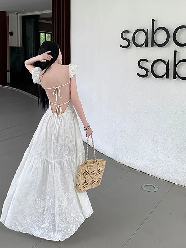 Beachy White Lace Stickerei Strapl Bal Dr Island Aosphere Schöner Rock Hohe Taille Baumwoll-Polyester-Mischung Sum...