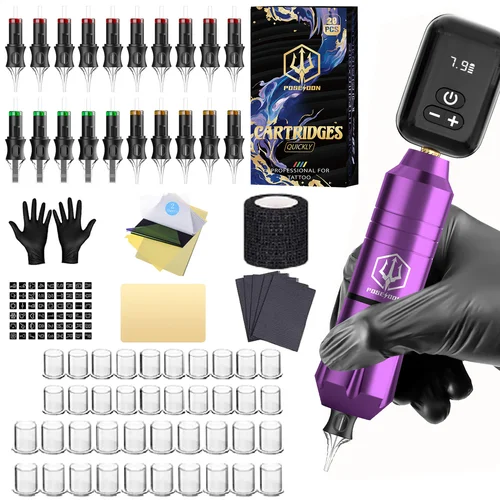 Imagen 2 del producto Kit de tatuaje POSEIDON V5, Kit de pluma de tatuaje púrpura para maquillaje permanente, Kit de máquina de tatuaje, fuente de alimentación de tatuaje de alta potencia, pistola de tatuaje K