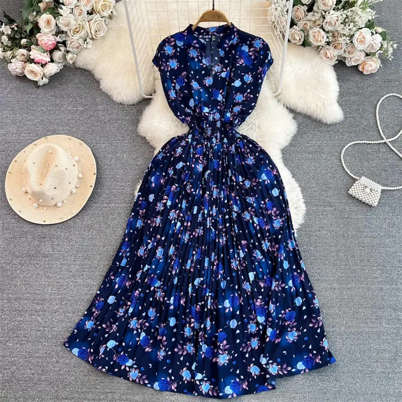 Summer Temperament Printed Sleeveless Dress Women V-Neck Waistband And Slim A-Line Pleated Dress Elegant Long Vest Vestido Z2433