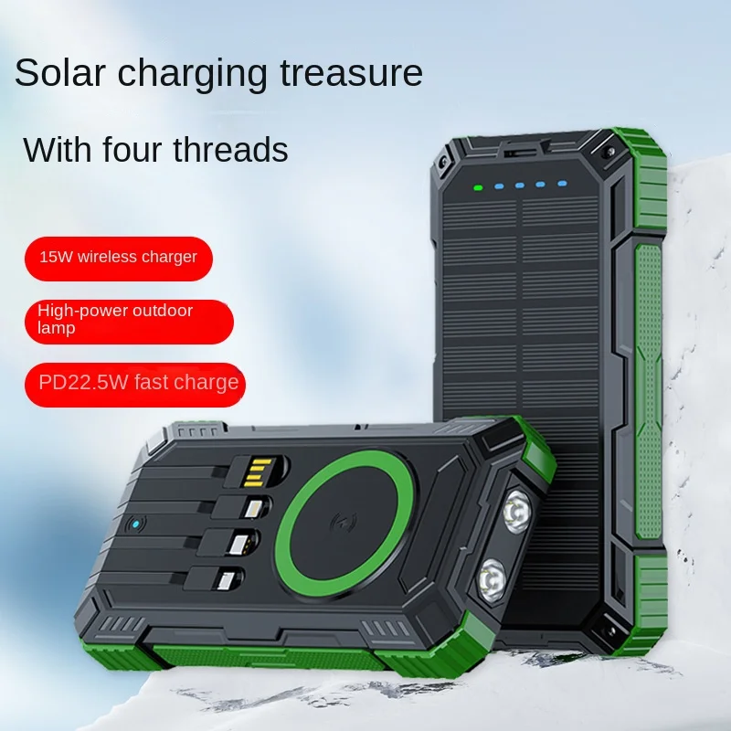 

PowerBank 26800mAh Built-in Cable Solar Charger Battery Light Mobile Power Supply 15W Wireless Fast Charging Powerful Flashlight