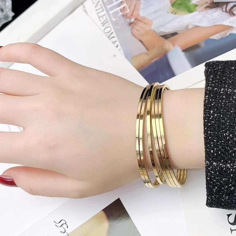 Classic Flat Stainless Steel PVD Gold Rose Gold Color Waterproof 2mm Thin Bracelet Fashion Accessories New Year Gift For Women