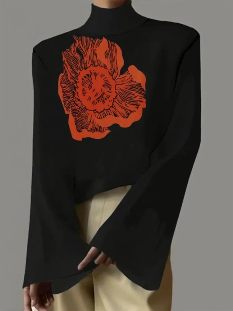 

2025 New Autumn Winter Women's Pullover Tops Long Flared Sleeves Crew Neck Loose Vintage Flower Print Sweatshirt