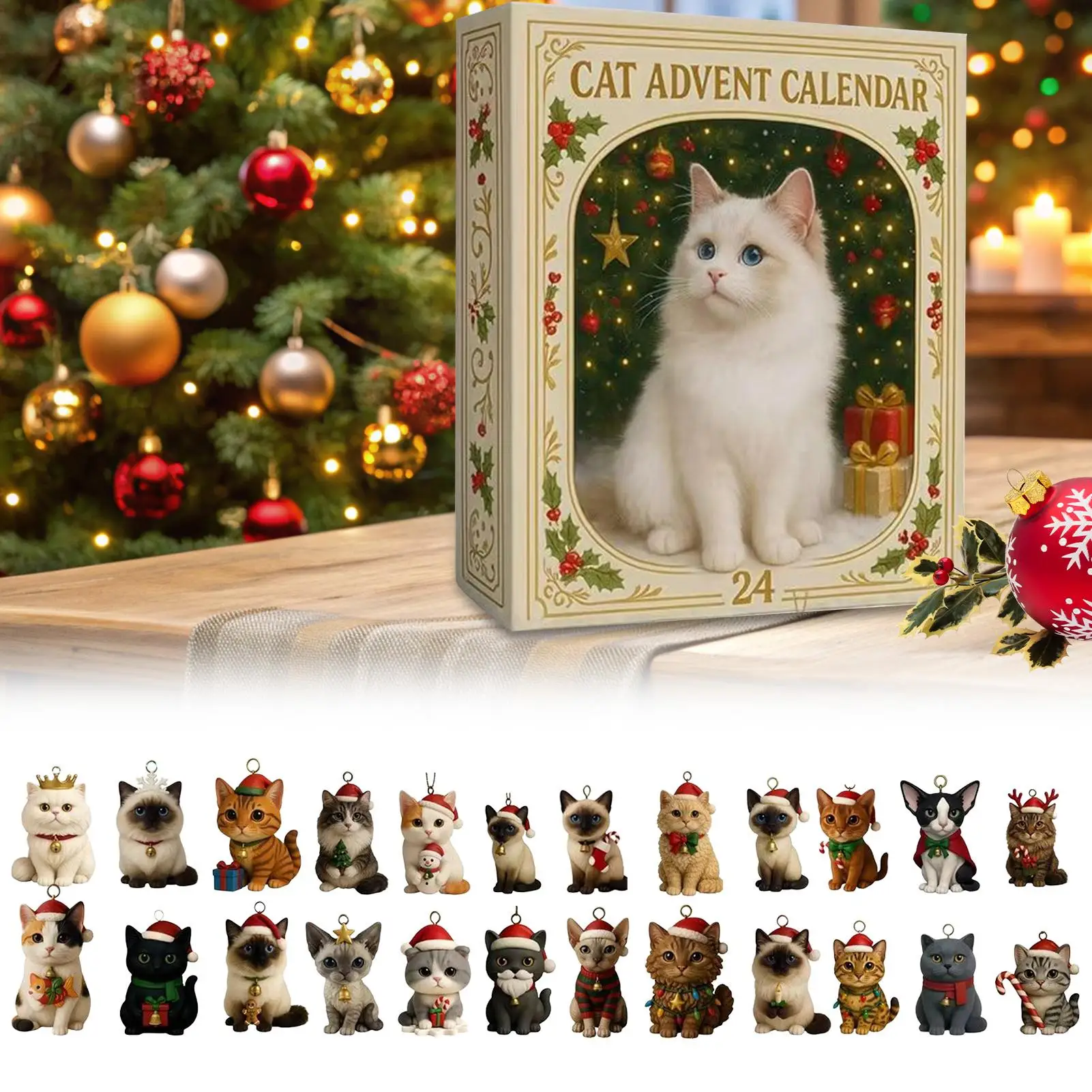 Cat Advent Calendar 2026 Christmas Countdown Box 24 Pcs Acrylic Cat Ornaments with Pre-Drilled Loops Festive Feline Tree Pendant