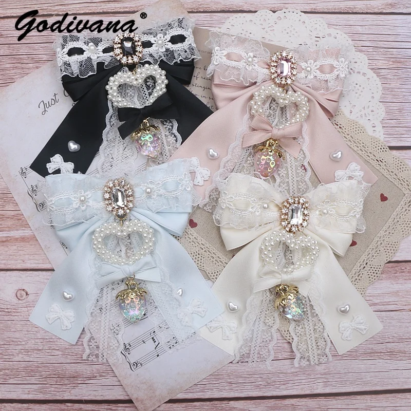 

Handmade Japanese Style Mine Headdress Barrettes Female Girls Sweet Side Clip Big Bow Lace Strawberry Pendant Hair Clips