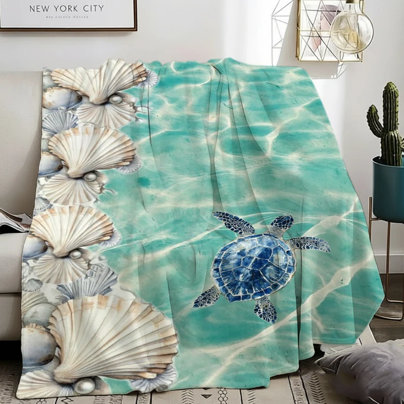 Teal Water Shell Turtle Pattern Fleece Blanket For Aquatic Bedroom Decor Lightweight Plush Throw Blanket Cloak