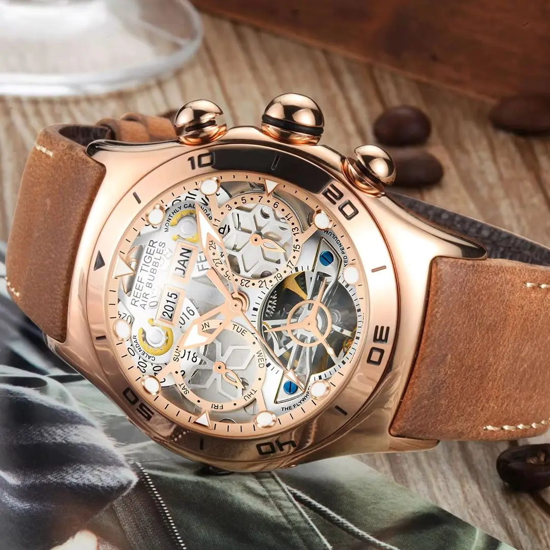 Reef Tiger Men Automatic Watch Mechanical Wristwatch Waterproof Luminous Bubble Mirror Skeleton Multi-Dial Year Month Week Date