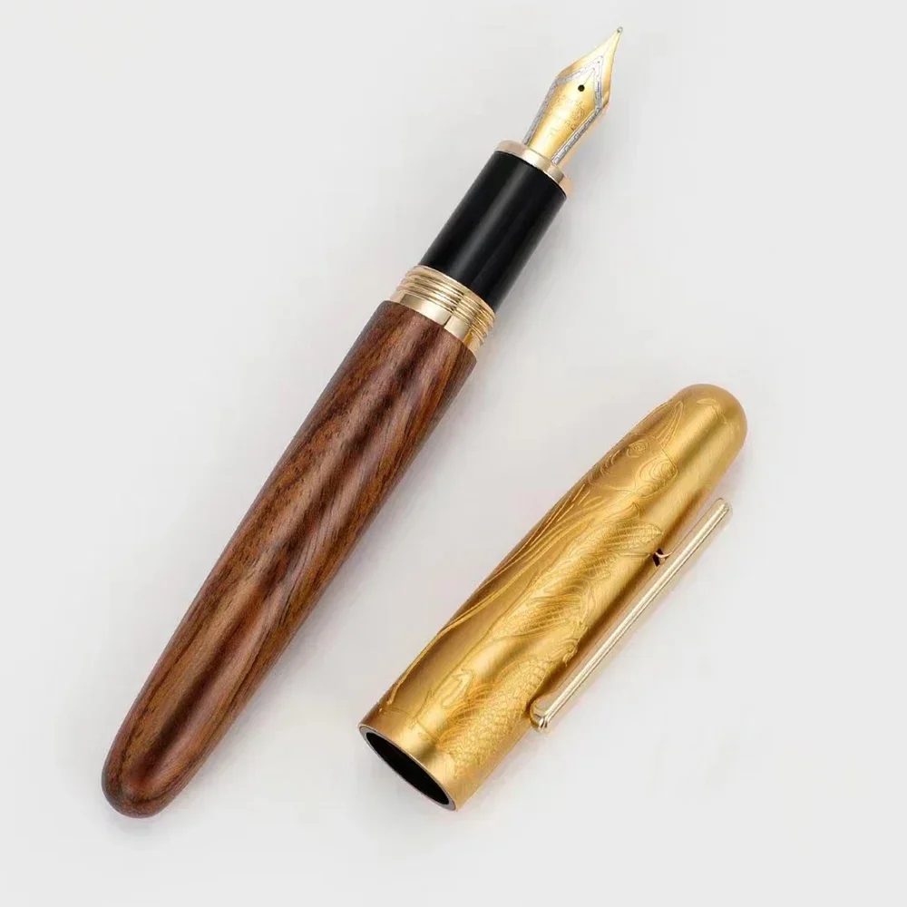 قلم حبر Jinhao 9056A منقوش على شكل ثور EF/F/M، قلم مكتب للكتابة مصنوع يدويًا من الخشب والمعدن