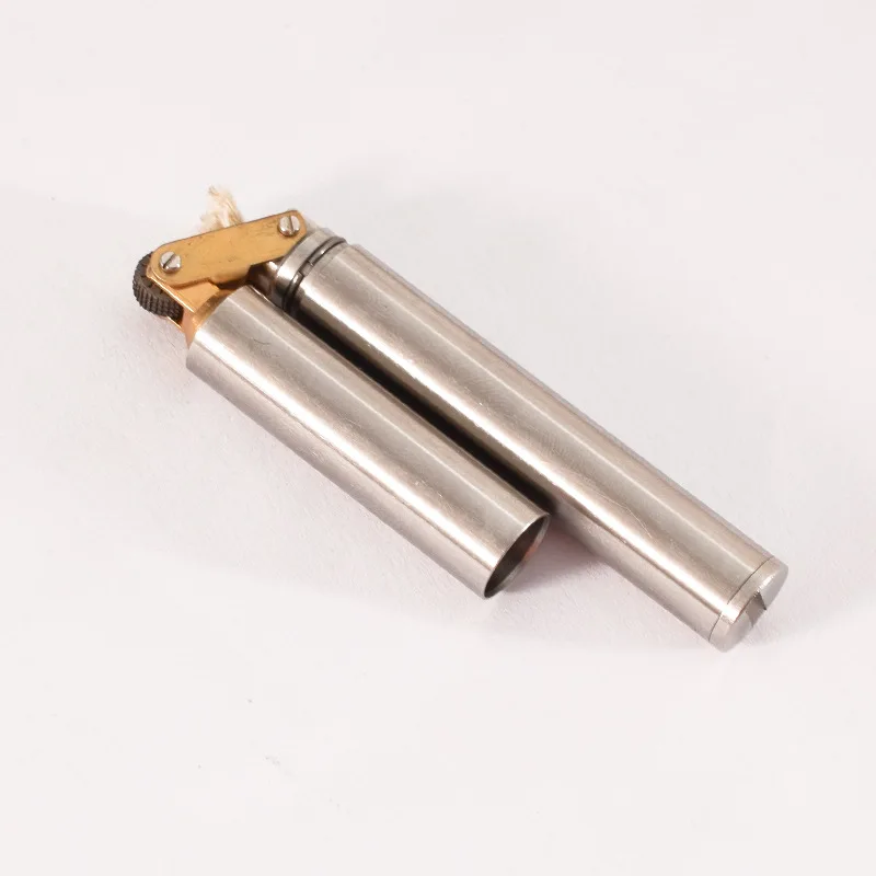 Retro Brass Gasoline Lighter Cylindrical Mini Thin Nunchaku Lighter Silver Brass Color