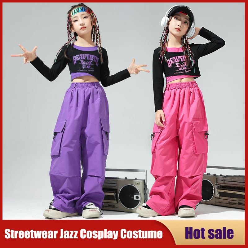 Kids Hip Hop Dancing Costumes Girls Ballroom Top Pants Colorful Crop Sweatshirt Child Jazz Dance Stage Performance Wear Outfits