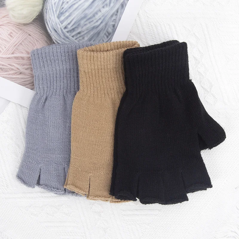 1Pair Black Short Half Finger Fingerless Gloves Unisex Outdoor Short Warm Mittens Women Men Knit Elastic Comfort Work Gloves
