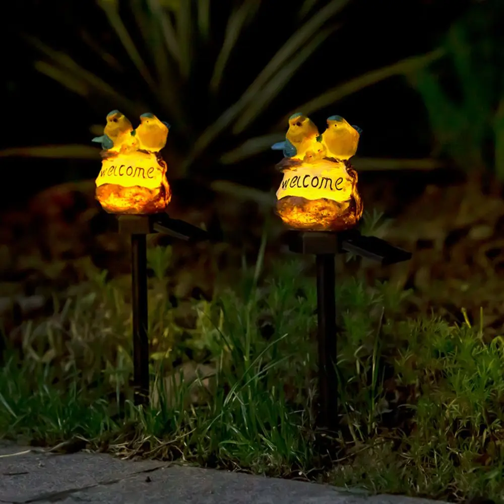 Solar Powered Garden Welcome Sign Durable Resin Warm Light Bird Figurine No Wiring Needed Creative Design Garden Ornament