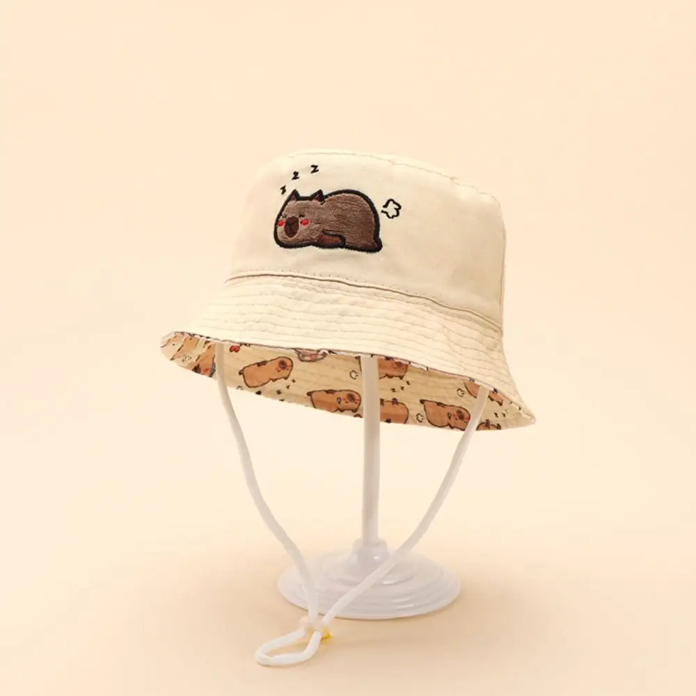 Moda Cartoon Dinosauro Bambini Cappello da pescatore Ricamo Protezione solare Cappello a secchiello Antivento a tesa larga Capybara per bambini Berretto da sole Ragazza