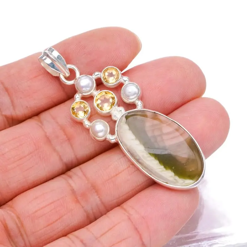 

StarGems Natural Imperial Jasper&Citrine And River Pearl Handmade 925 Sterling Silver Pendant 2 1/4" F6542