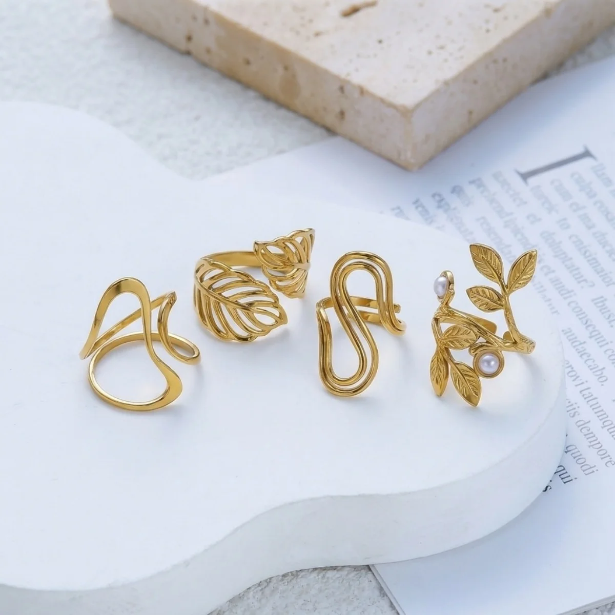 Hohle, doppelte Kreisringe aus Edelstahl mit Blattmuster und Imitationsperlen, S-förmige Ringe für Damen und Herren, Punk-Geometrie, stapelbare Ringe, Schmuck. – Detail 14