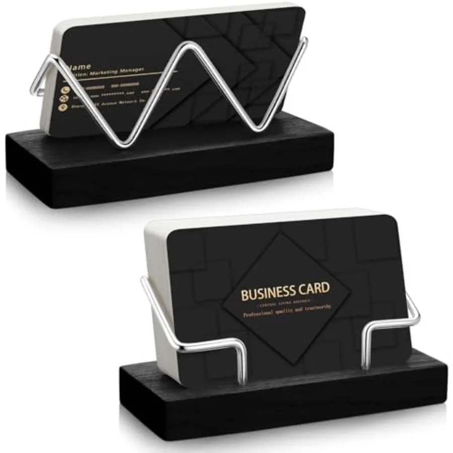 2 Pieces Wood Business Card Holder for Desk Wooden Business Card Display Stand Postcard Holder for Office Home Desktop Black, S