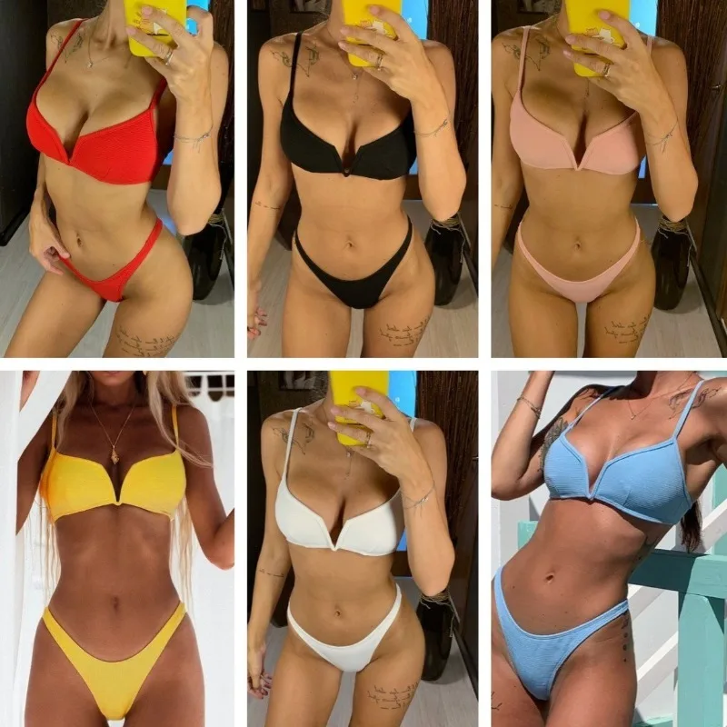

2025 Summer Sexy Solid Bikini Women V-neck Swimwear Two Pieces Swimsuit Female High Waist Bikini Set Brazilian Bathing Suits
