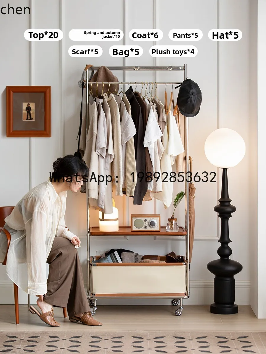 solid wood coat rack floor mobile hanger bedroom stainless steel clothes rack