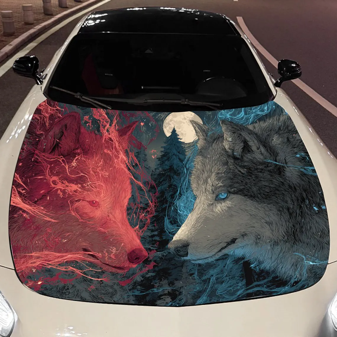 

Two wolves Car hood packaging sticker, PVC material, self-adhesive waterproof, anti-slip paint, car exterior decoration accessor