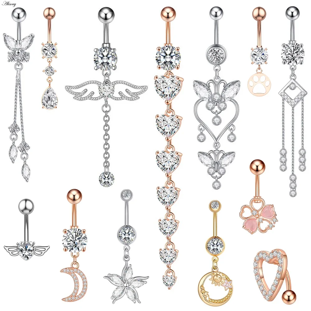 Alisouy 1PC 14G Rose Gold Color Stainless Steel Belly Ring Heart CZ Crystal Navel Belly Button Rings Butterfly Navel Piercings