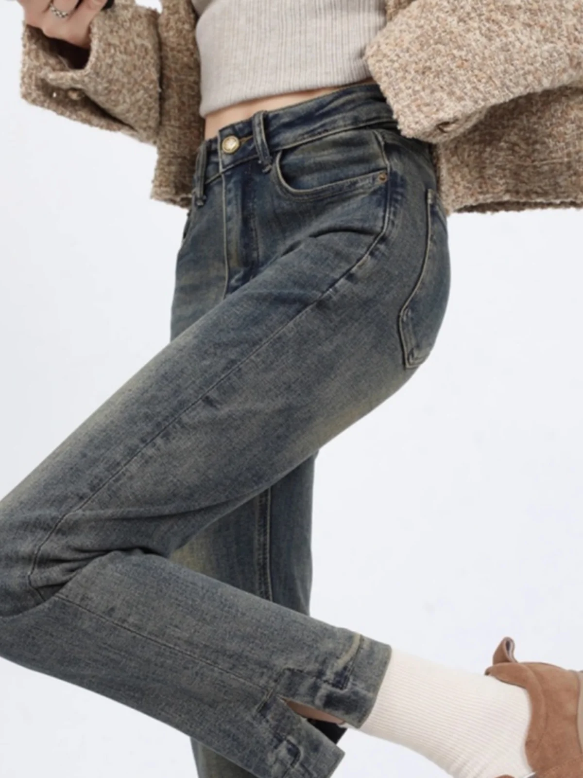 

High Waist Slit Denim Jeans Women's Spring Autumn Vintage Slim Fit Loose Small Size Straight Tube Nine Point Pants