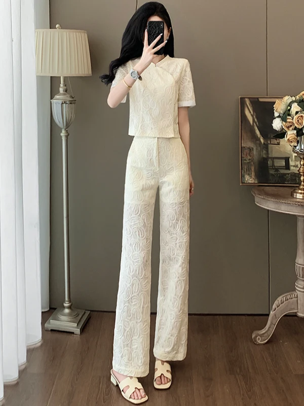 

New Chinese Style Fashion Set Women's Summer Lightweight Luxury Short Sleeve Top Wide Leg Pants Two Piece Set Elegant