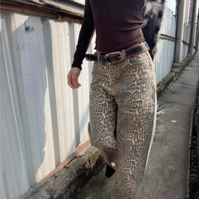 JHJN アメリカンレトロヒョウハイウエストだぶだぶのジーンズ女性のカジュアルポケットヒップホップパンツ春 Y2K オーバーサイズパンサーデニムズボン