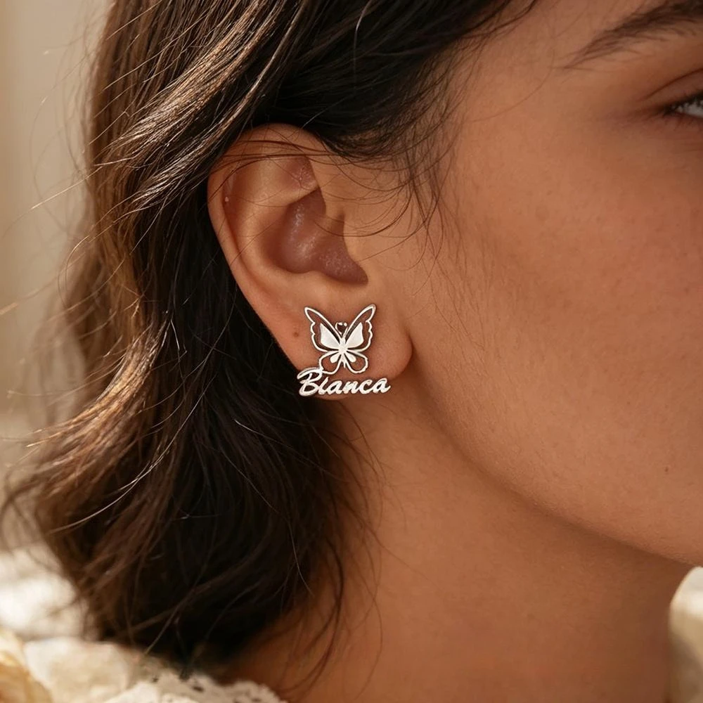 Custom Butterfly Name Stud Earrings Personalized Name Stainless Steel Earrings for Women Birthday Chrismtas Gift Daily Jewelry