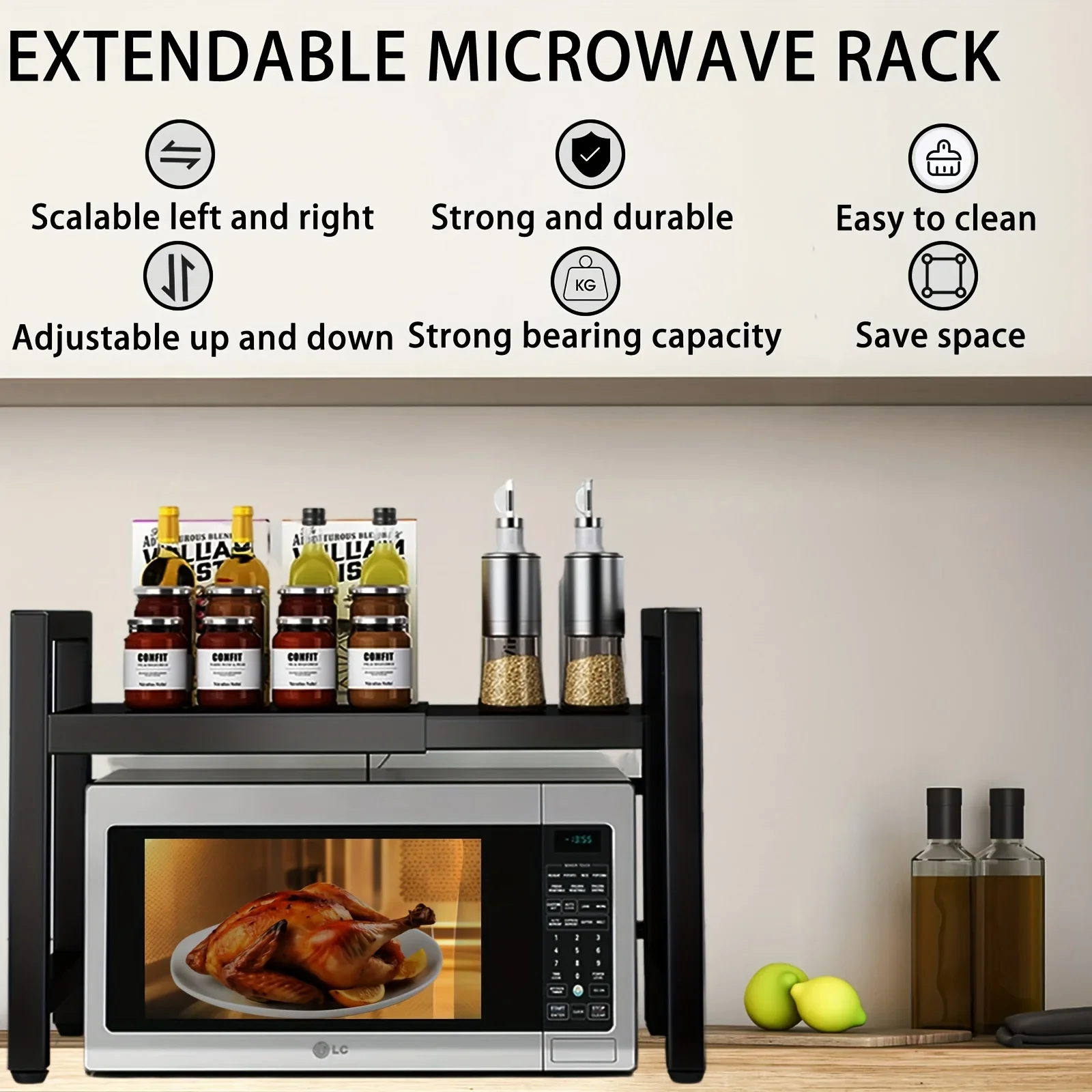 Expandable Microwave Shelf, Microwave Holder with 6 Hooks, Kitchen Storage Rack, Baking Rack, Extendable 40-64cm