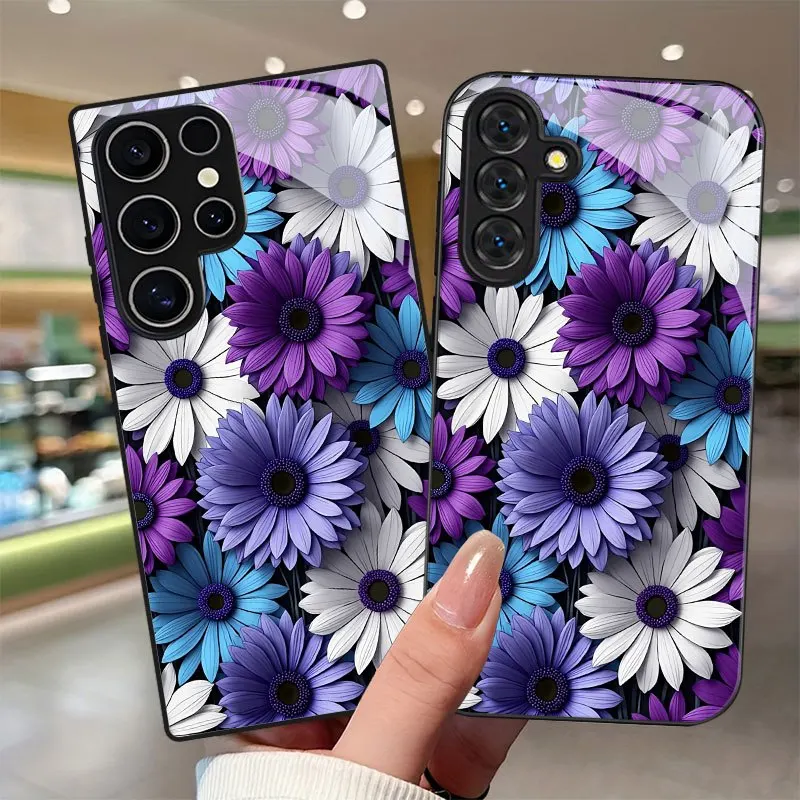 Black tempered glass phone case For Samsung Galaxy s26 S25 S24 S21 FE Ultra S23 Plus 5G Phone Cover Flower Pattern