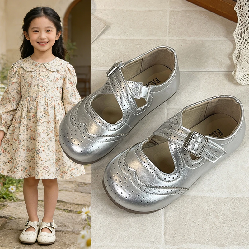 Summer Boys Girl's Mary Janes British Style Cross Strap Chic Kid's Flat Shoe Silver Beige Vintage Daily All-match Children Shoes