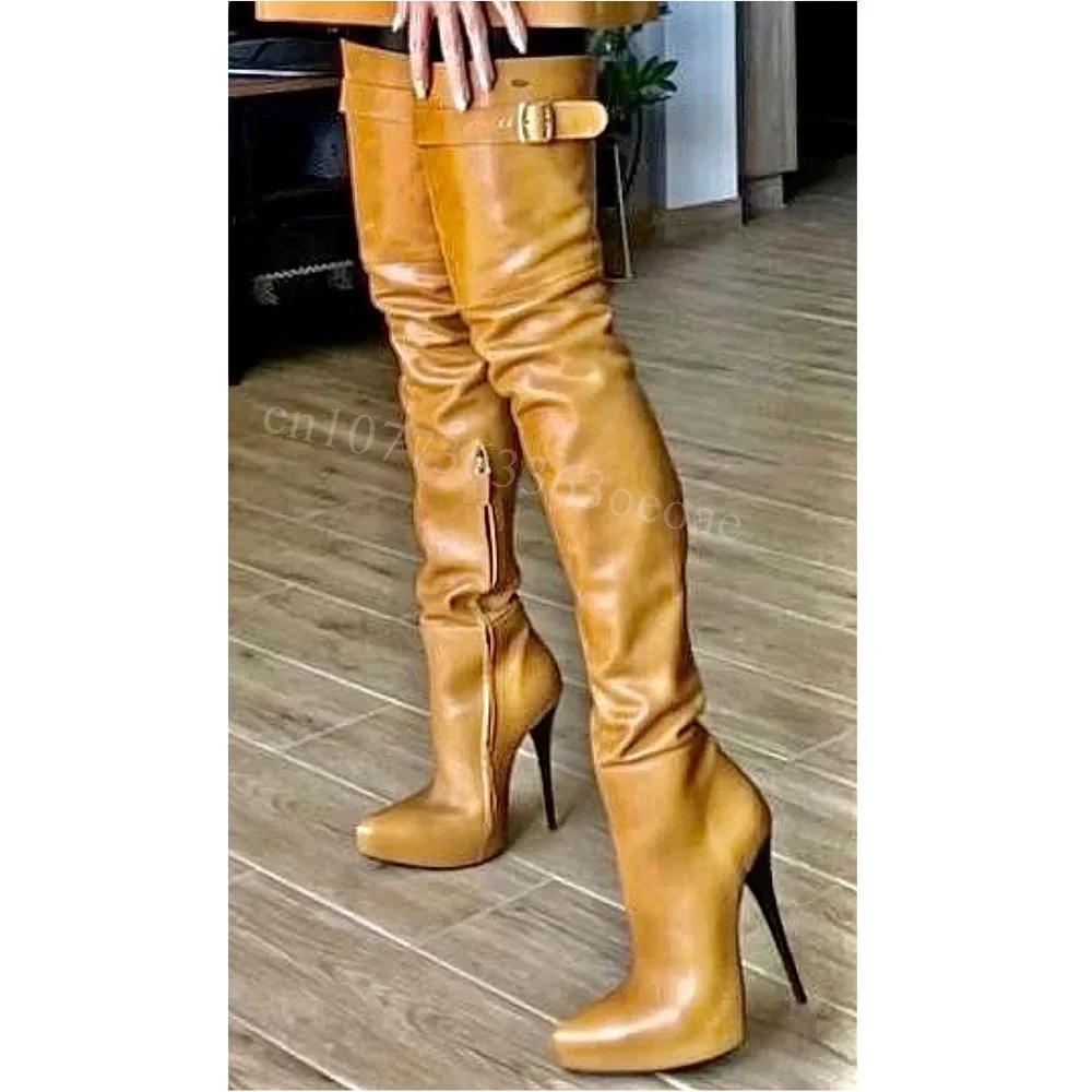 

Apricot Pointed Toe Platform Fashion Boots Matte Leather Buckle Belt Shoes for Women Thin High Heel Shoe 2025Zapatos Para Mujere
